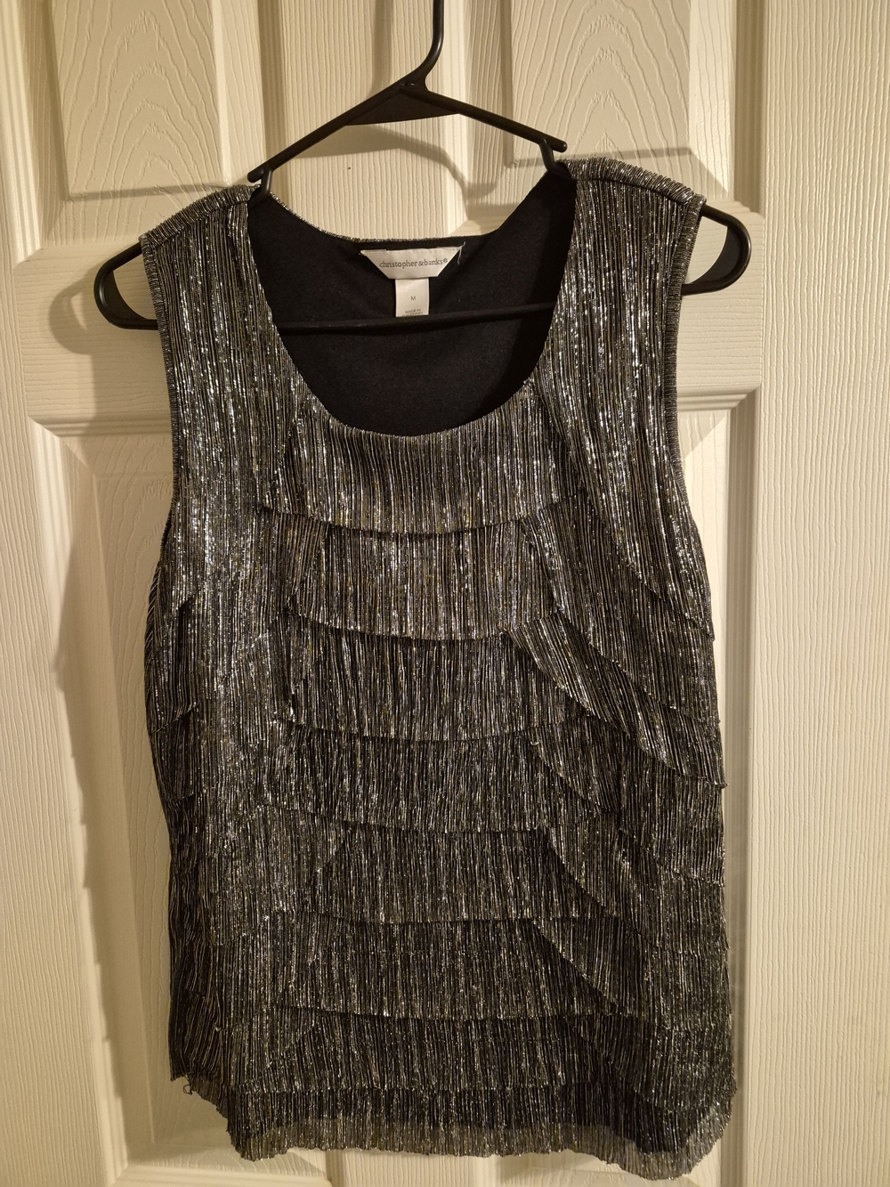 Christopher & Banks Silver Metallic Tiered Fringe Tank Top